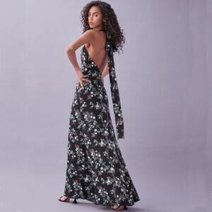 Reformation Evalina Dress Black‎ Halter Floral Maxi Open Back Sleeveless Sz 0